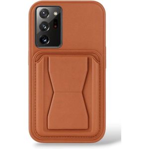 جراب جلدي متوافق مع هاتف سامسونج جالاكسي إس 21 ألترا، مقاوم للصدمات، مع جيب خلفي جلدي لتخزين البطاقات وحامل مدمج، مصنوع من جلد البولي يوريثان لمظهر أنيق وقبضة مريحة (بني).