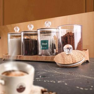 4-Piece Spice & Sugar Jar Set with Stand – Transparent Containers with Wooden-Style Lids