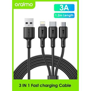 Oraimo 3 In 1 3A Charging Cable With Micro USB And Type-C Lighting Port Black