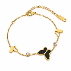 Women’s Gold-Tone Stainless Steel Chain Bracelet with 3 Butterfly Accents, Black Detail and 2 Clear Stones - Multicolor