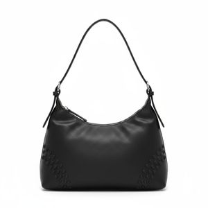 A stylish black women's shoulder bag with a modern design and luxurious leather, featuring hand-braided details and a comfortable strap. Dimensions: 32x20