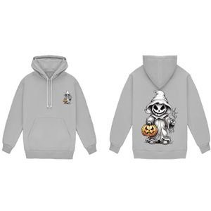 Halloween Ghost Pumpkin Graphic Hoodie, Grey Cotton Blend Pullover Sweatshirt with Spooky Print