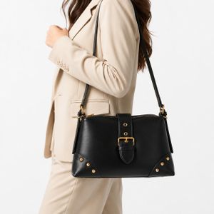 Women’s Stylish Shoulder Bag with Long Strap, Front Buckle and Metal Stud Details – Ladies Handbag for Everyday Use, Outings and Occasions