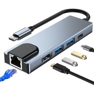OKTech 5-in-1 Charging Hub with USB Type-C, RJ45, HDMI, LAN, Ethernet, and USB 3.0/2.0 Ports, Compatible with MacBook Pro, M1, M2, and M3 (Silver)
