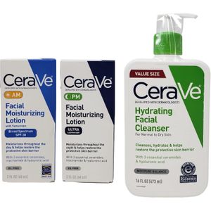 Cerave مجموعة العناية اليومية بالبشرة من سيراف - غسول وجه مرطب (16 أونصة)، لوشن مرطب نهاري مع واقي من الشمس (2 أونصة) ولوشن مرطب ليلي (2 أونصة)