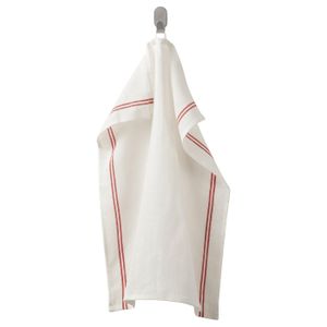 Tea towel HILDEGUN towel, white with red stripes, cotton, rectangular, single loop for hanging.