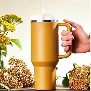 1200ml Tumbler with Handle Lid & Chalmona Lids - Insulated to Keep Hot or Cold Stainless Steel Water Bottle Iced Tea Coffee Cup Gift (Yellow)