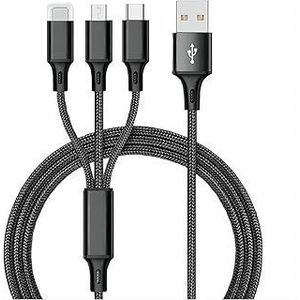 Nylon Braided 3 In 1 Fast Charging Cable For Iphone , Samsung , Huawei , Oppo , And Tables, black