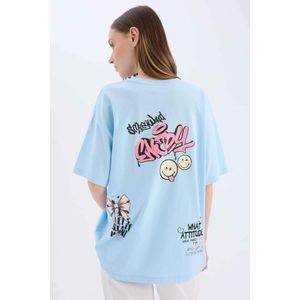 Defacto تيشيرت نص كم اوفر سايز مطبوع برقبة مستديرة من سمايلي