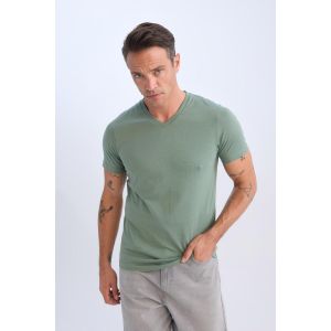 Defacto Man V Neck New Regular Fit Short Sleeve T-Shirt - Khaki