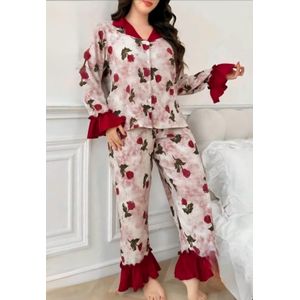 طقم بيجامة من الساتان المزهر للسيدات - قميص بأزرار طويل الأكمام وبنطلون - أحمر وأبيض