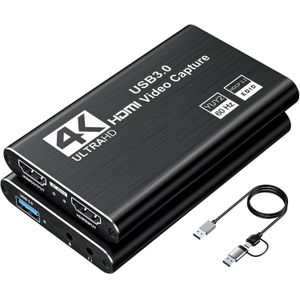Video Capture Card, USB 3.0 4K HDMI External Loop Audio and Video Capture Card, 1080P 60FPS/2K 30FPS for Streaming Video Games to Switch/Camera/PC