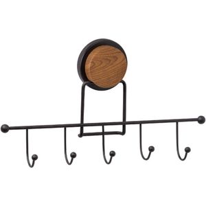 Okunyas No-Drill Wall Clothes Hanger, 5 Hook Adhesive Rack, Wood & Stainless-Steel, Rust-Resistant for Bathroom-Kitchen-Entryway, 31.5L × 6W × 18H cm, Black
