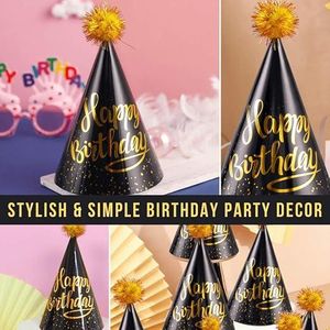Secret Birthday Party Hats - Black and Gold Happy Birthday Cone -20pcs