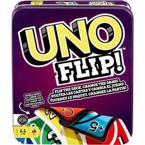 لعبة الورق UNO FLIP! – 112 بطاقة مزدوجة الوجه في صندوق معدني متين – بطاقة FLIP لتغيير أسلوب اللعب – ممتعة للأطفال والكبار والعائلات – للأعمار من 7 سنوات فما فوق – من 2 إلى 10 لاعبين