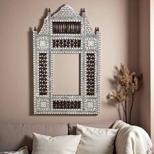 W173BR Arabesque Mother of Pearl Wood Mirror, Rectangular Frame, Brown Decorative Wall Mirror, Egyptian Style