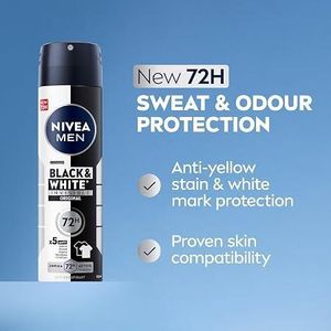 NIVEA  MEN Black & White Invisible Antiperspirant Deodorant Spray, Original, 72H Active Protection, 5IN1, Anti-Odour, Sweat, Stains, Residues & Irritation, 150ml