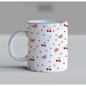 Cute Red Bow and Cherry Ceramic Coffee Mug – 11oz Aesthetic Coquette Ribbon Tea Cup, Trendy Red Hearts & Cherry Pattern Mug for Coffee Lovers, Lovely Birthday Gift for Women, Girls & Teens