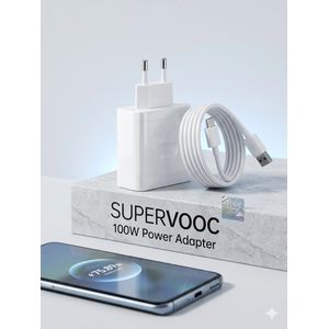 شاحن حائط سريع سوبر فوك بقوة 100 واط مع كابل USB إلى Type-C بطول 1 متر - لون أبيض (SUPERVOOC)