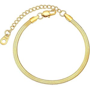 3Diamonds Snake Bone Chain Link Bracelet for Women 18K Gold Plated Flat Herringbone Link Chain Bracelet