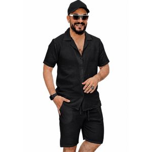 طقم رجالي كاجوال من الكتان الطبيعي قميص وشورت