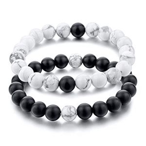 3Diamonds Couples His and Hers Couple Bracelet White Turquoise&ampBlack Matte Agate Stones Distance Bracelet