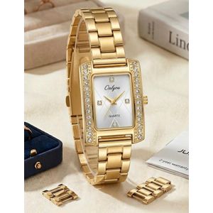 Onlyou Elegant Women’s Gold Watch – Luxury Rectangular Design with Crystal-Studded Metal Strap – Quartz Movement