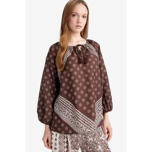 Defacto بلوزة كم طويل قصة مريحة ورقبة مستديرة برباط