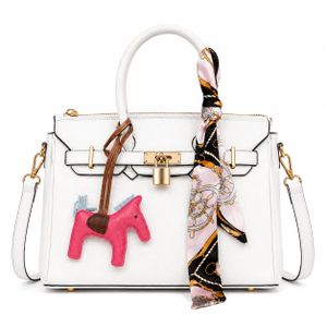 Luxury White Women's Handbag with Gold Hardware, Silk Scarf Accent, and Pink Pony Charm - Elegant & Functional Design for Formal & Daily Use, Premium Leather Construction, Stylish Statement Piece