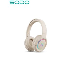 SODO SD-1017 Bluetooth 5.1 Over-Ear Wireless Headphones with Microphone, TF Card Slot, and RGB Lighting - Beige