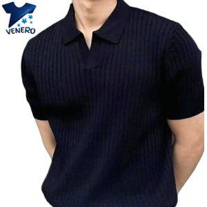 Men’s Ribbed Knit Polo Shirt - Modern V-Neck Casual Short Sleeve Tee