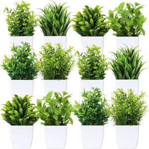 12 Pcs Fake Plants Small Artificial Faux Plants for Shelf Mini Plastic Potted Greenery for Home Office Desk Bathroom Bedroom Indoor Decor(White Pot,Green)