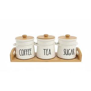 طقم برطمانات تخزين من البورسلين للقهوة والشاي والسكر – مع أغطية وصينية من الخيزران