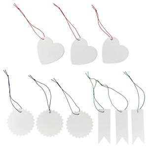 Label with string, set of 9 Seven white tags in heart, star, and banner shapes with colourful strings for hanging.