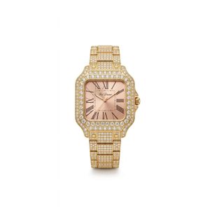 ساعة يد فاخرة للجنسين مرصعة بالفصوص اللامعة - تصميم كلاسيكي مربع بمينا روز جولد وسوار ذهبي - مقاومة للصدأ