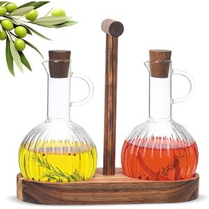 مجموعة زجاجات الخل والزيت مع حوامل خشبية، موزع زيت مقاوم للتنقيط، زجاجة زيت زيتون، موزع خل زجاجي، 2 * 300 مل