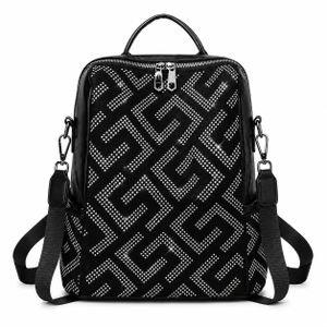 Elegant Women's Black Backpack with Geometric Crystal Design - Perfect for Work, School & Travel, Lightweight Waterproof Material, Adjustable Shoulder Strap & Top Handle