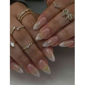 SHEIN French Almond Shaped Ombre NailS, Y2K Style With 3D Gold Bow Decor