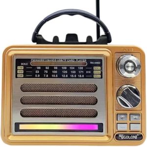 Golon  Stylish Wooden Wireless Radio, 3 Bands (AM-FM-SW), Supports Bluetooth, USB, TF Card, AUX Input, TWS Technology, with DC Charging Input, Rechargeable Battery - RX-306D (Gold)