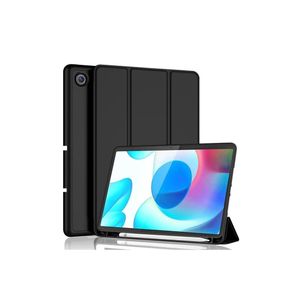 جراب ذكي متوافق مع جهاز Realme Pad مقاس 10.4 بوصة، غطاء ذكي مع حامل قلم وظهر من السيليكون الناعم كبشرة الأطفال وحماية كاملة للجهاز، غطاء تشغيل/إيقاف تلقائي لجهاز Realme Pad (أسود)