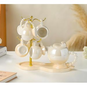  طقم قهوة + براد بورسلين لاستر 7 قطعه + إستاند ذهبي- مستورد