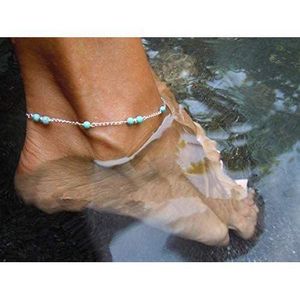 Handmade Anklet In Silver Color With Turquoise Stones