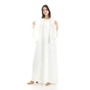 Red Circle Long Sleeves Round Neckline Slip On Elegant Abaya - White