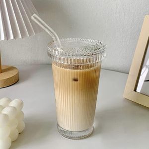 كوب زجاجي مخطط كوب قهوة مع غطاء وقشة أكواب شرب للماء، قهوة مثلجة، حليب، شاي، عصير (A-Stripe)