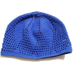 طاقية زرقاء ضيقة ولينة منسوجة من الكروشيه 100% قطن، طاقية للصلاة ، للرجال