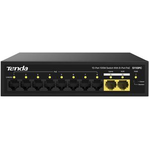 tenda مفتاح S110PC مع 10 منافذ، دعم PoE بمدى 100 م، يحتوي على 8 منافذ PoE من تيندا، أسود