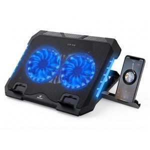 Jertech حامل تبريد لابتوب KL332 باللون الأسود مع مروحتين LED زرقاوين ومسند قابل للتعديل لتحسين التهوية أثناء الألعاب والعمل