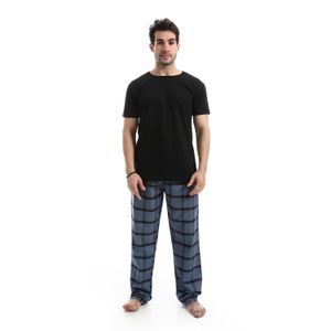 Red Circle Short Sleeves Cotton Checked Pajama Set - Steel Blue & Black