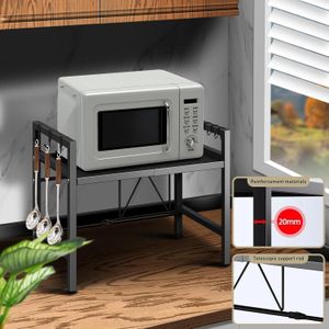 Multi-tiered microwave oven rack, kitchen storage shelf with 6 hooks, multi-functional stand with adjustable height, cutlery and spice storage rack, kitchen countertop organizer