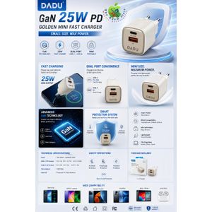 Dadu DC-368-369 Premium GaN 25W PD SUPER FAST CHARGER, Dual Ports PD-USB, Support SuperVooc & QC